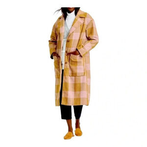 A NEW DAY TAN PINK PLAID LINED BUTTON DOWN TRENCH‎ COAT POCKETS SIZE MEDIUM